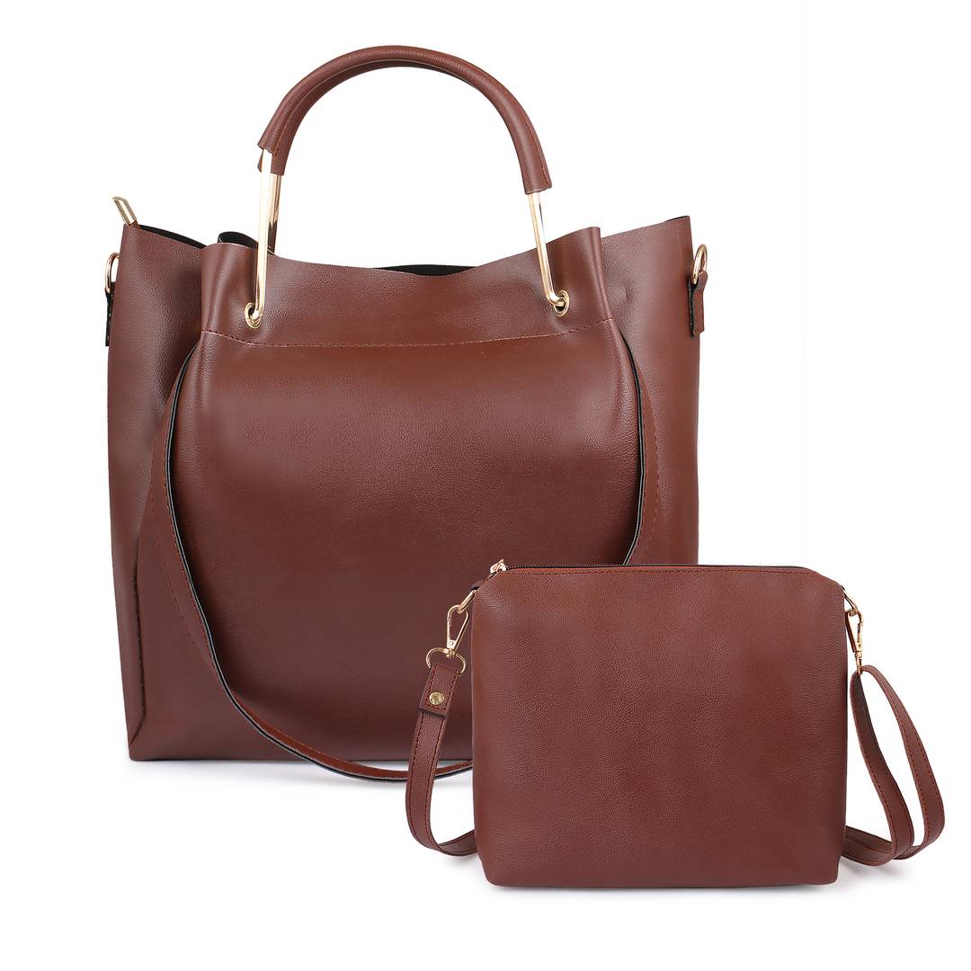 Solid Leatherette Handbag With Sling Bag (Combo)